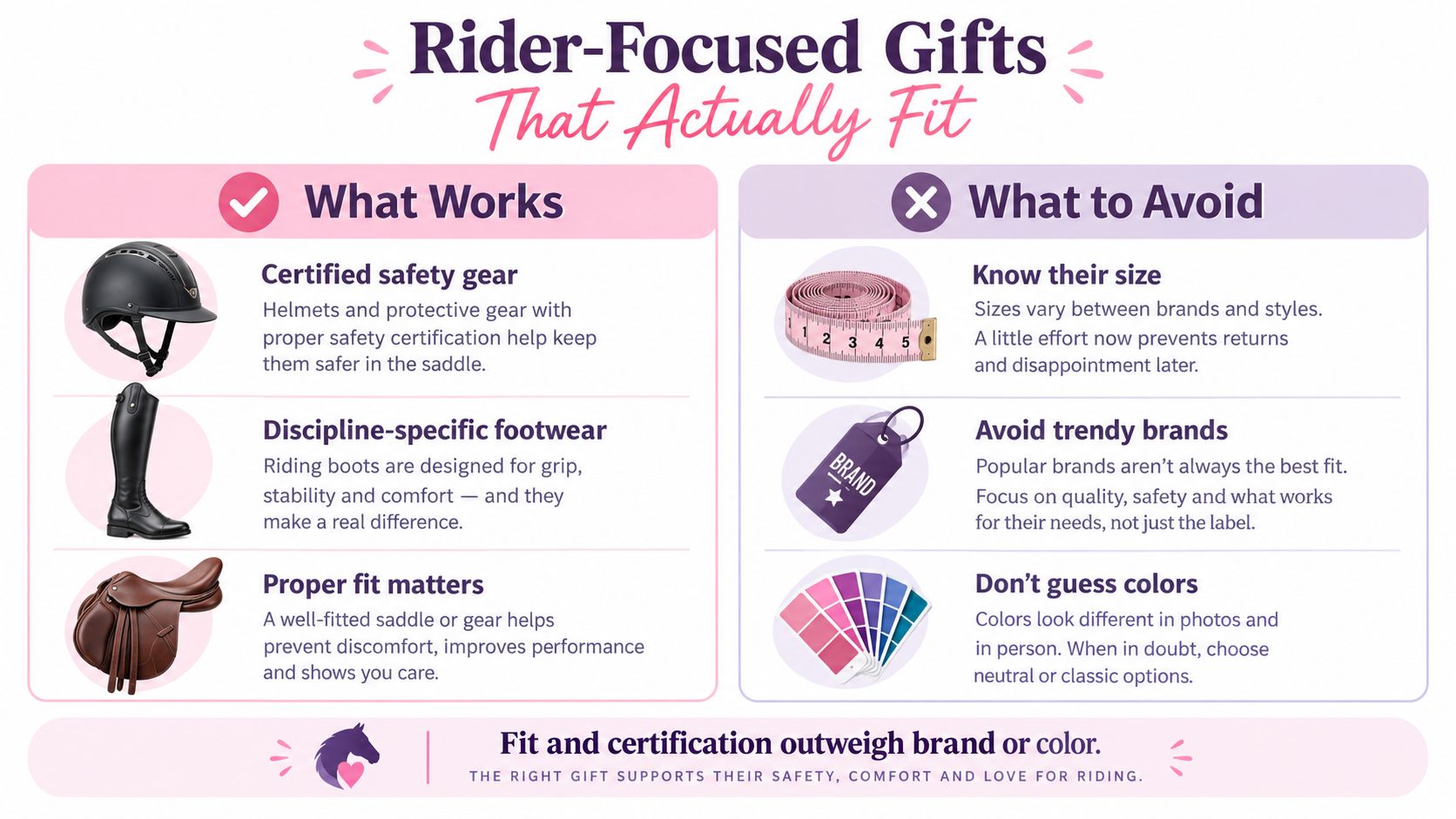 An infographic titled Rider-Focused Gifts That Actually Fit, illustrating do's and don'ts for purchasing equestrian gear.