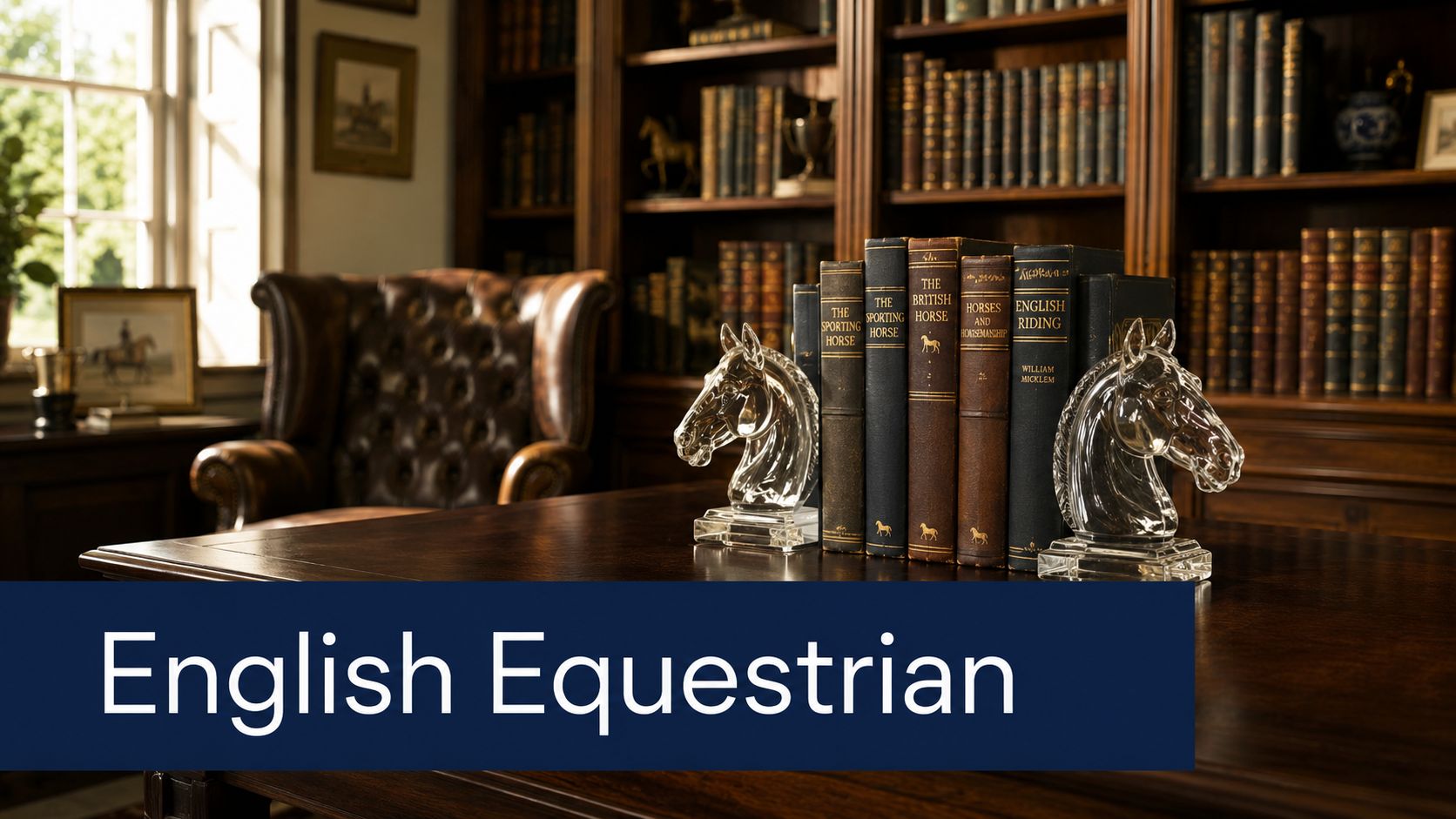 A luxurious study featuring glass horse head bookends supporting a collection of vintage equestrian books on a desk.