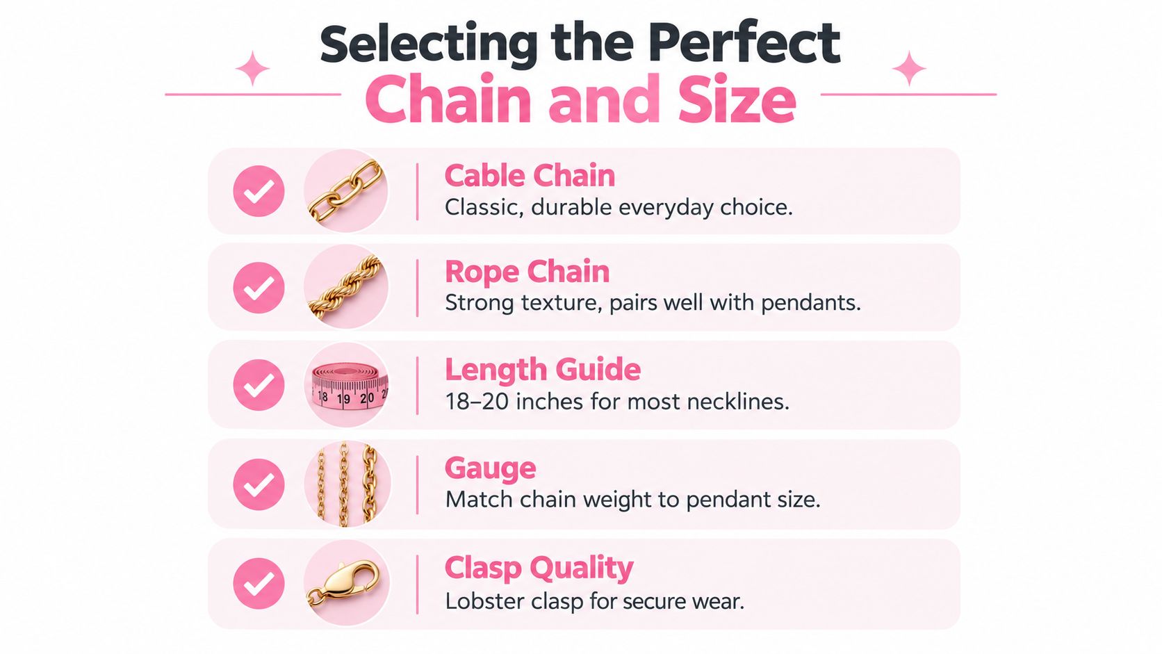 An infographic titled Selecting the Perfect Chain and Size detailing tips for choosing jewelry chains.