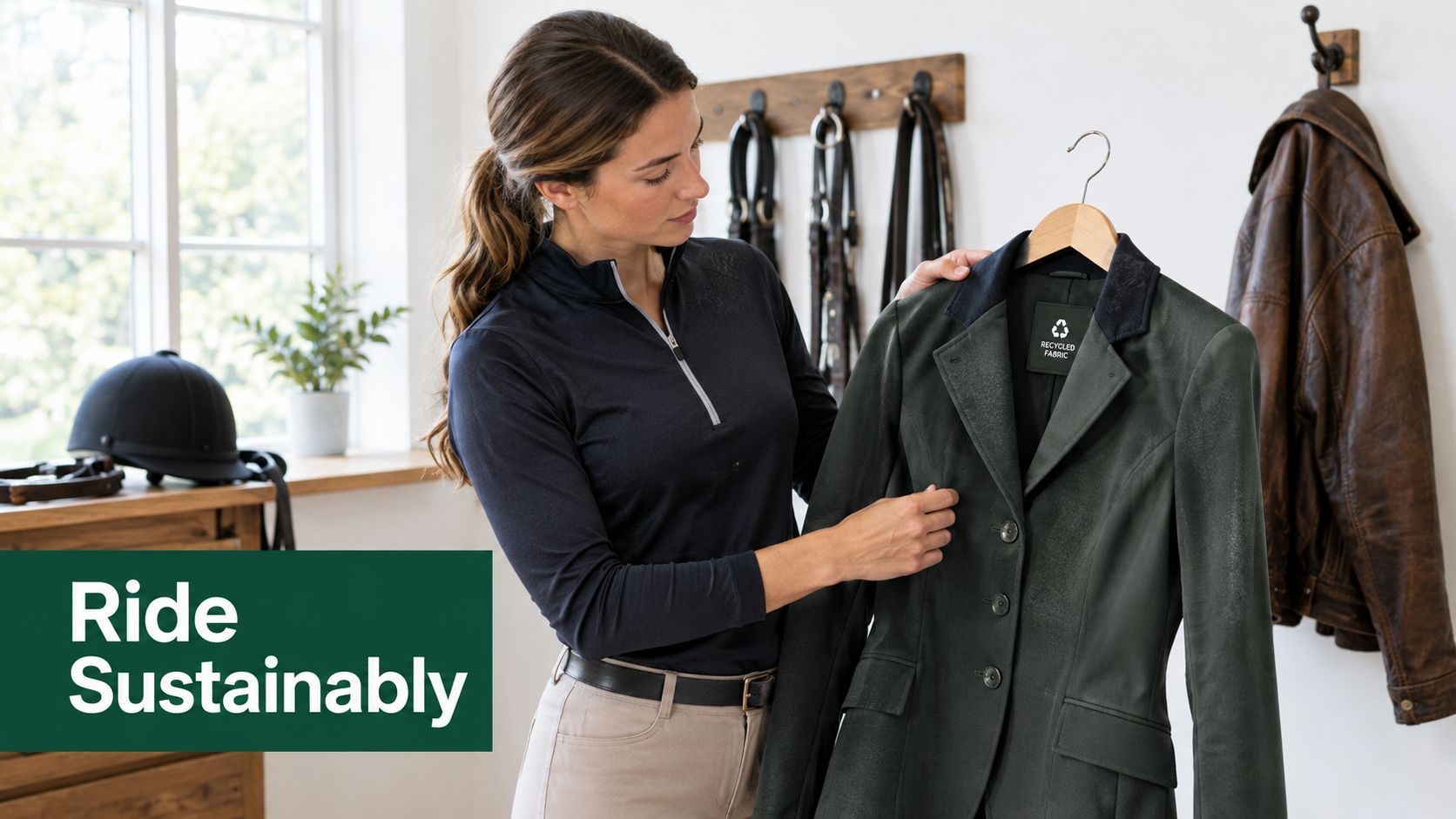 A woman holding a sustainable, recycled fabric equestrian jacket in a stable setting with riding gear.