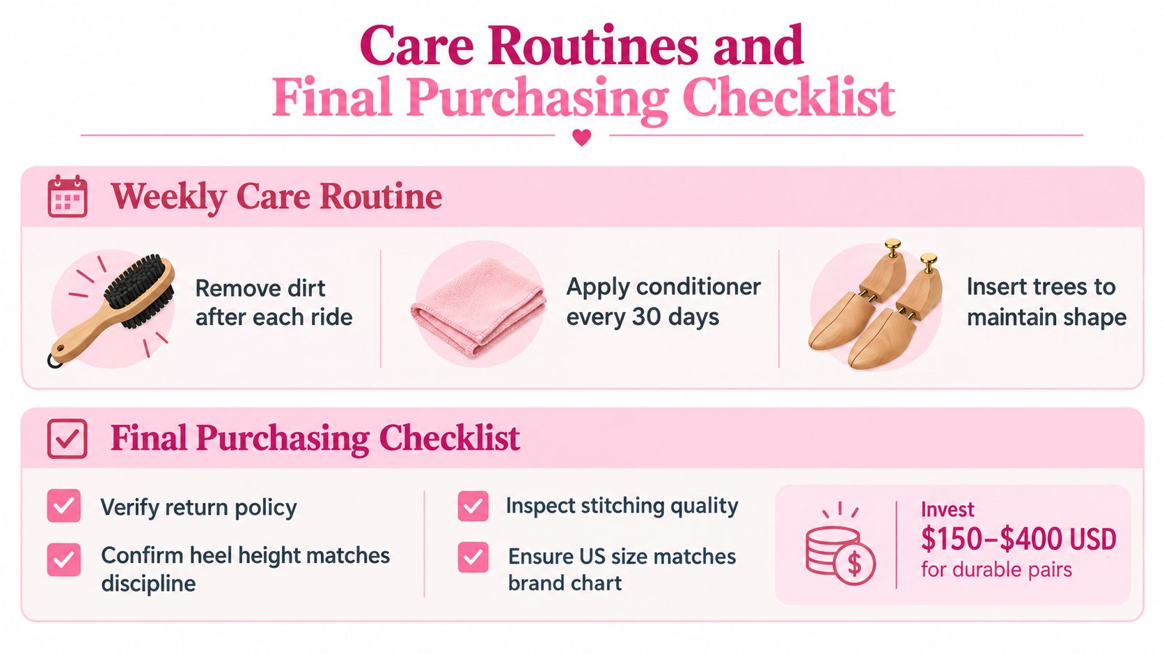 An infographic detailing the weekly maintenance routine and a final purchasing checklist for western riding boots.