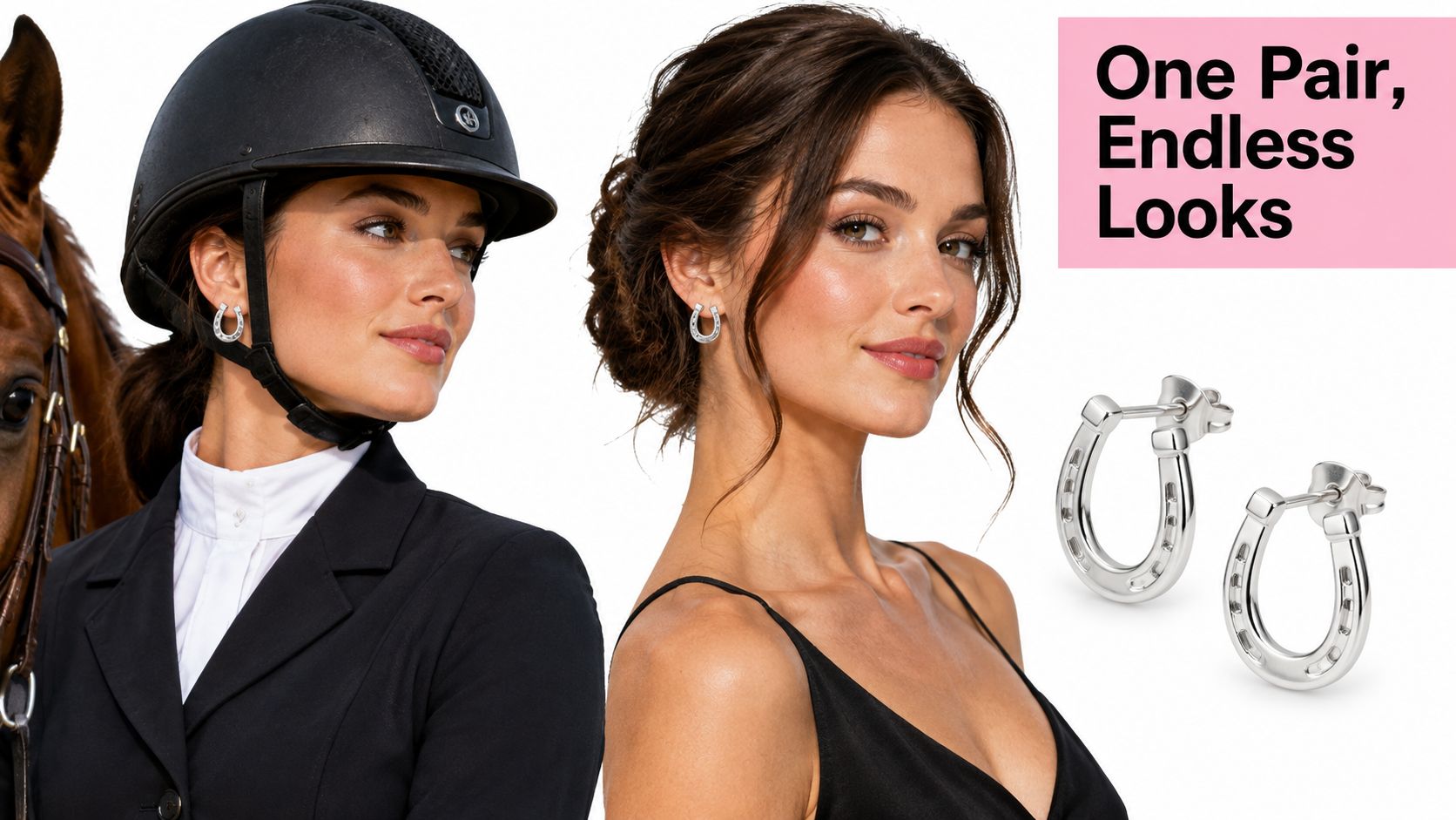 A split image showing a woman in equestrian gear and formal wear both modeling silver horseshoe earrings.
