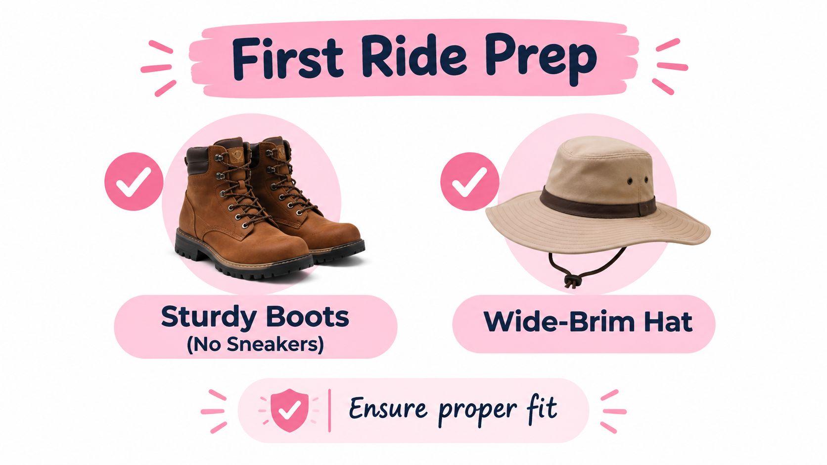 A helpful graphic illustrating essential gear for a first horse ride, including sturdy boots and a hat.