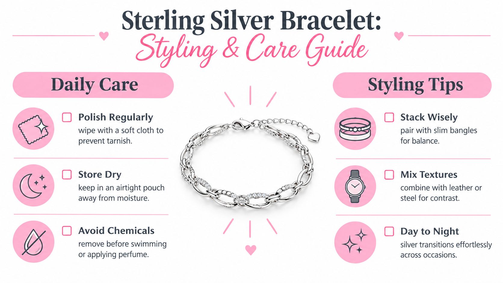 A styling and care guide for a sterling silver horsebit bracelet featuring daily care instructions and styling tips.