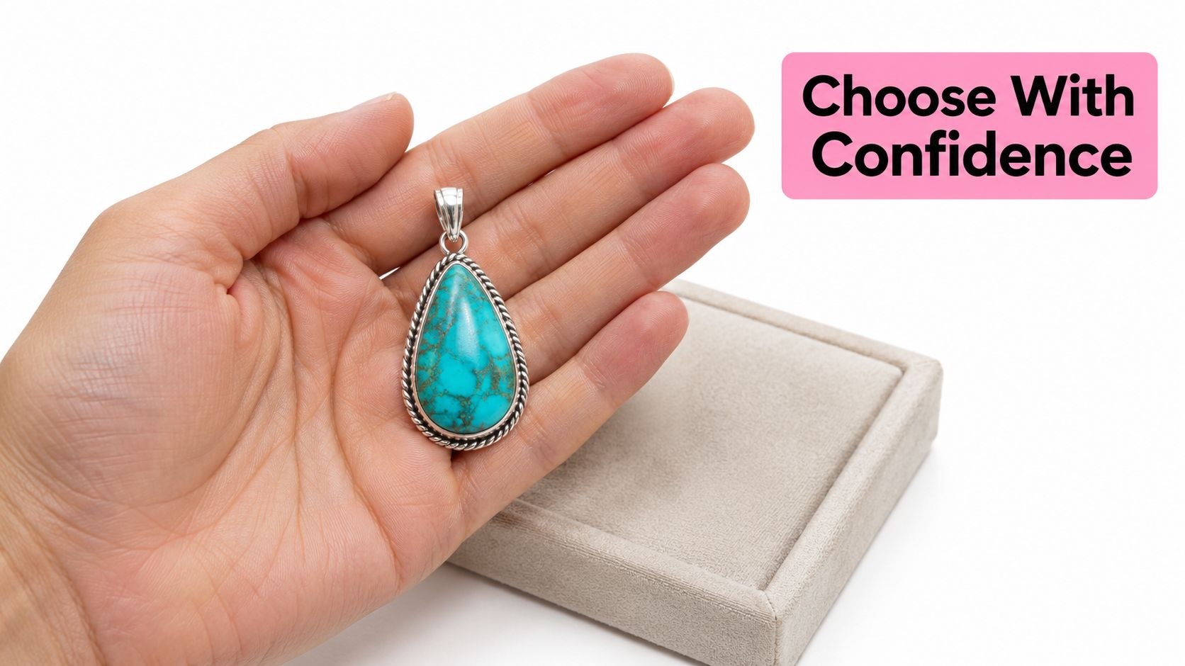 A hand holding a teardrop-shaped turquoise stone set in a decorative sterling silver pendant frame.