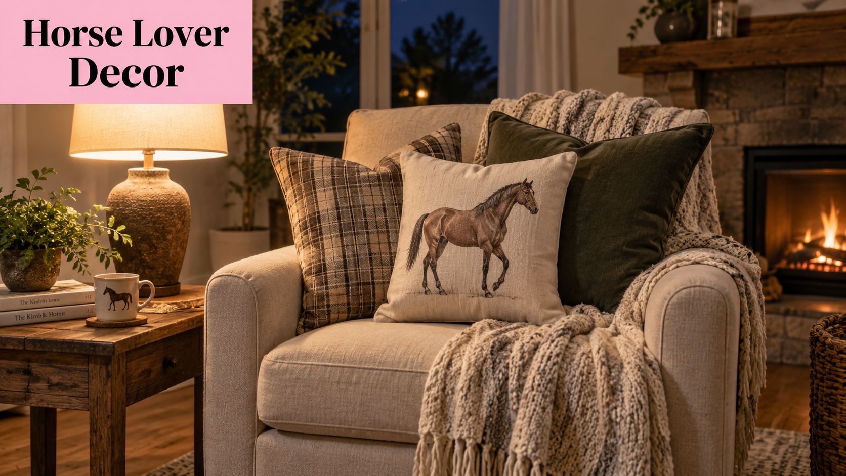 A cozy reading chair decorated with horse-themed pillows, a knit throw blanket, and warm ambient lighting.