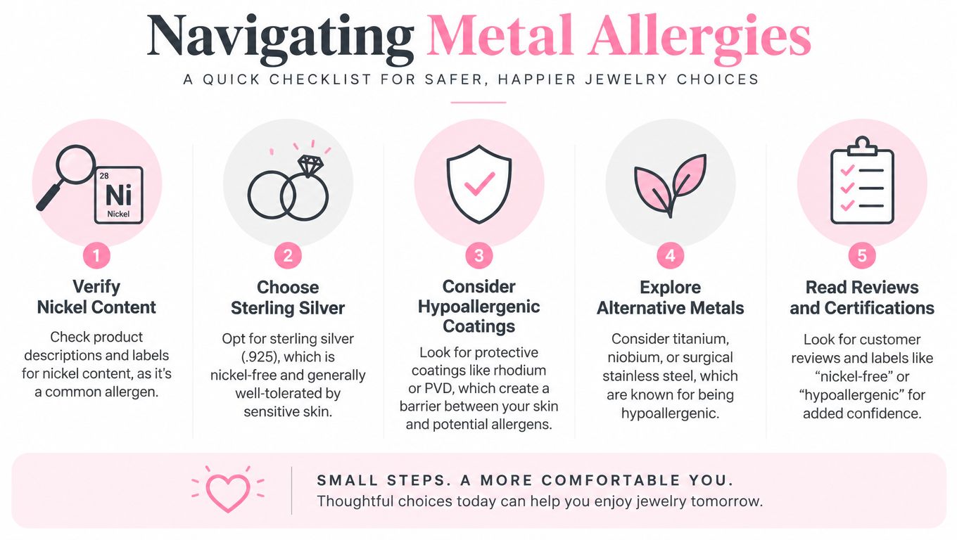 A five-step checklist illustrating tips for choosing jewelry safely to avoid common metal allergies like nickel.