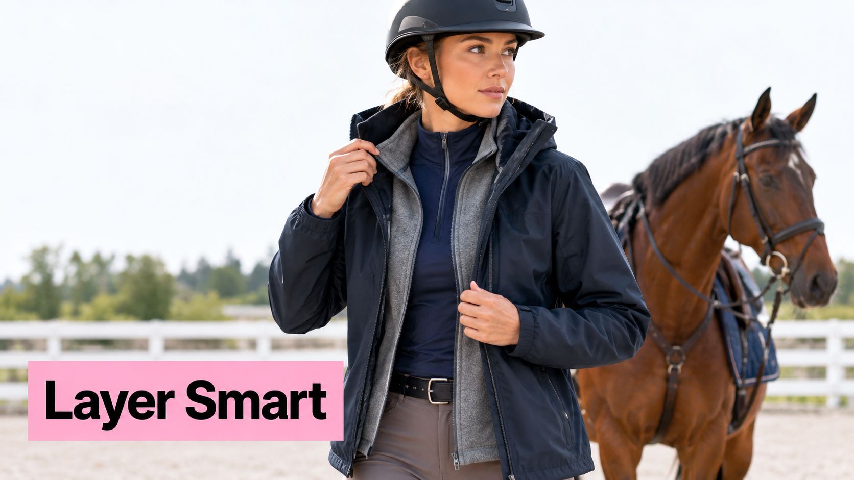A female equestrian wearing a navy blue riding jacket and helmet standing beside her brown horse.