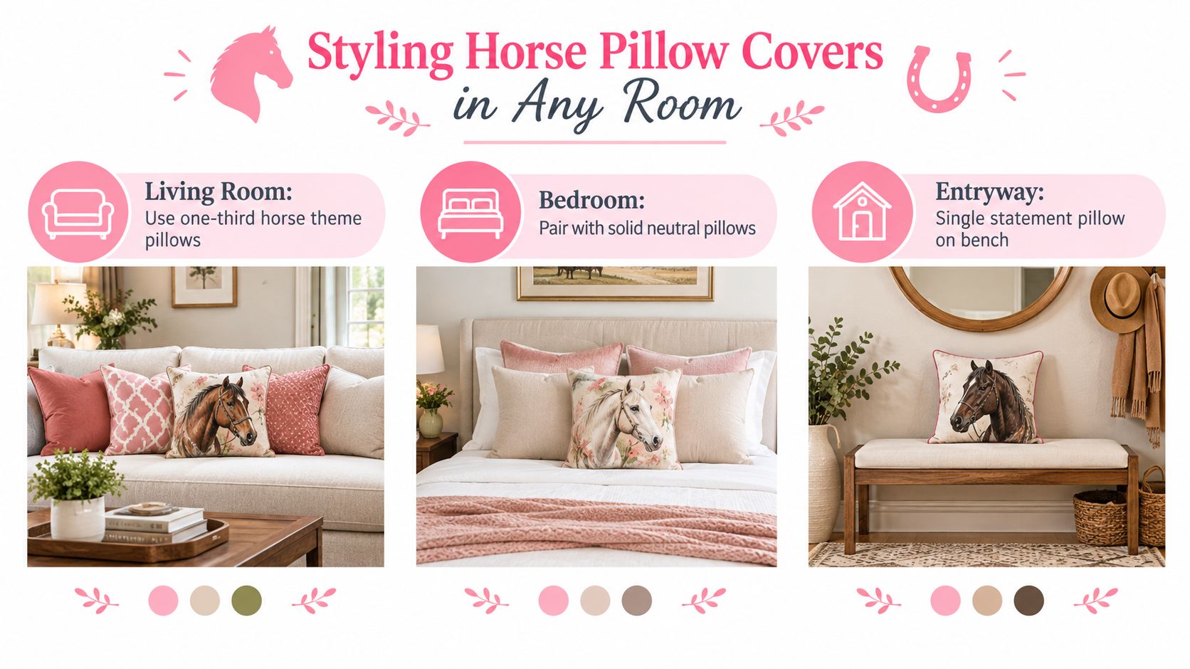 A guide on how to style horse themed pillow covers in a living room, bedroom, and entryway.