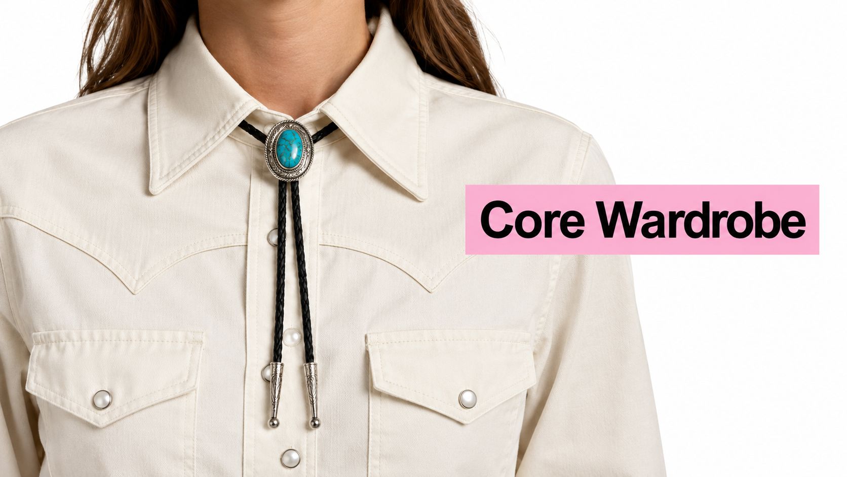 A close-up view of a person wearing an off-white button-down shirt paired with a turquoise bolo tie.