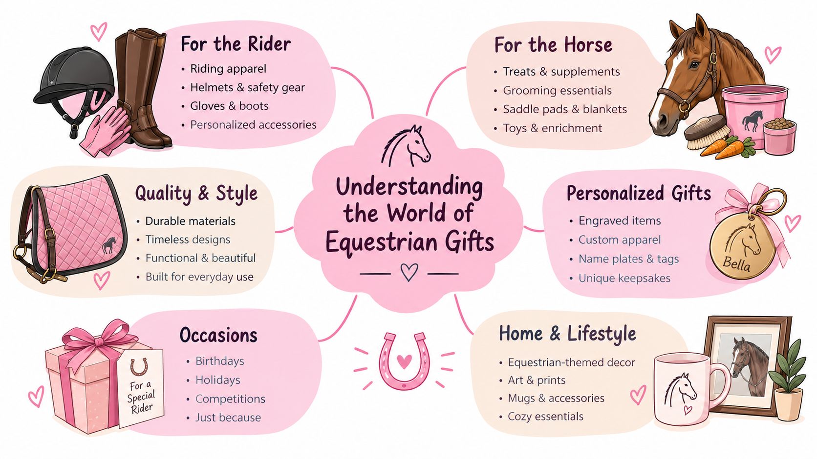 A mind map infographic illustrating categories and gift ideas for horse lovers and equestrians.