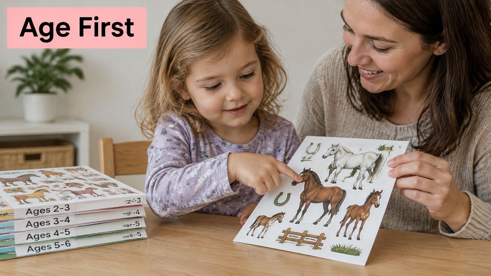 A young girl and her mother looking at a sheet of horse-themed stickers together at a desk.