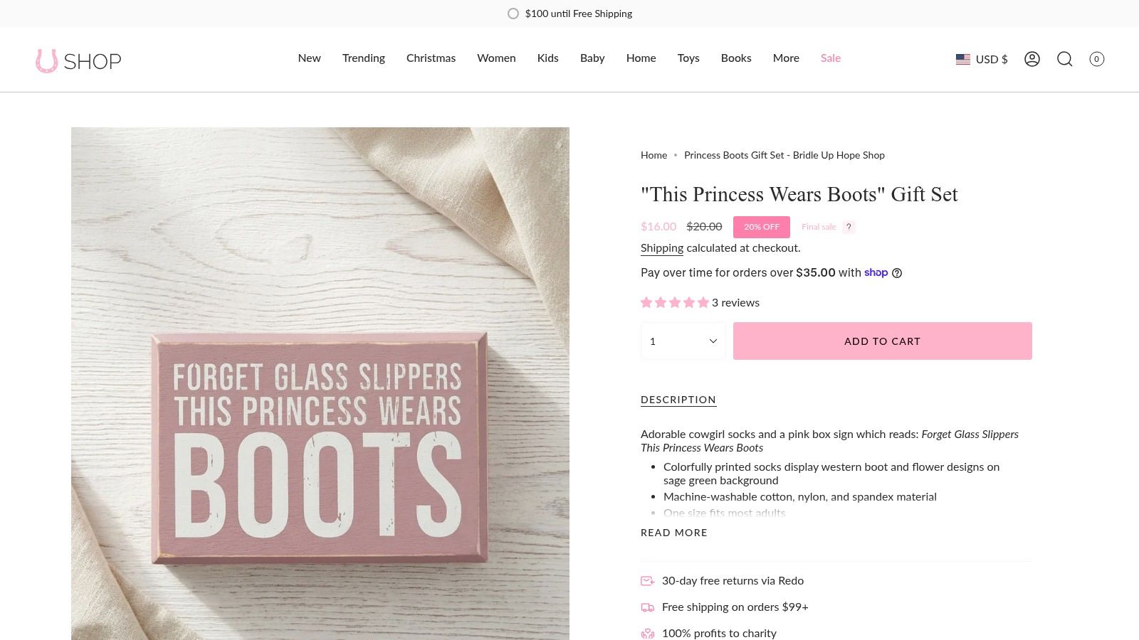 A rustic pink wooden sign that reads Forget Glass Slippers This Princess Wears Boots on white wood.