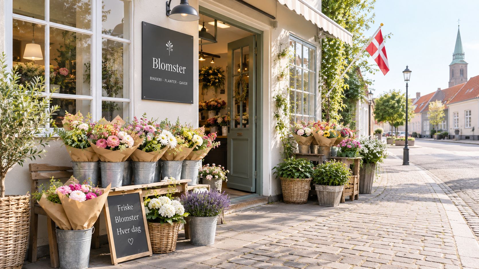 En charmerende blomsterbutik med årstidens friske blomster og buketter udstillet foran en flot dekoreret facade.