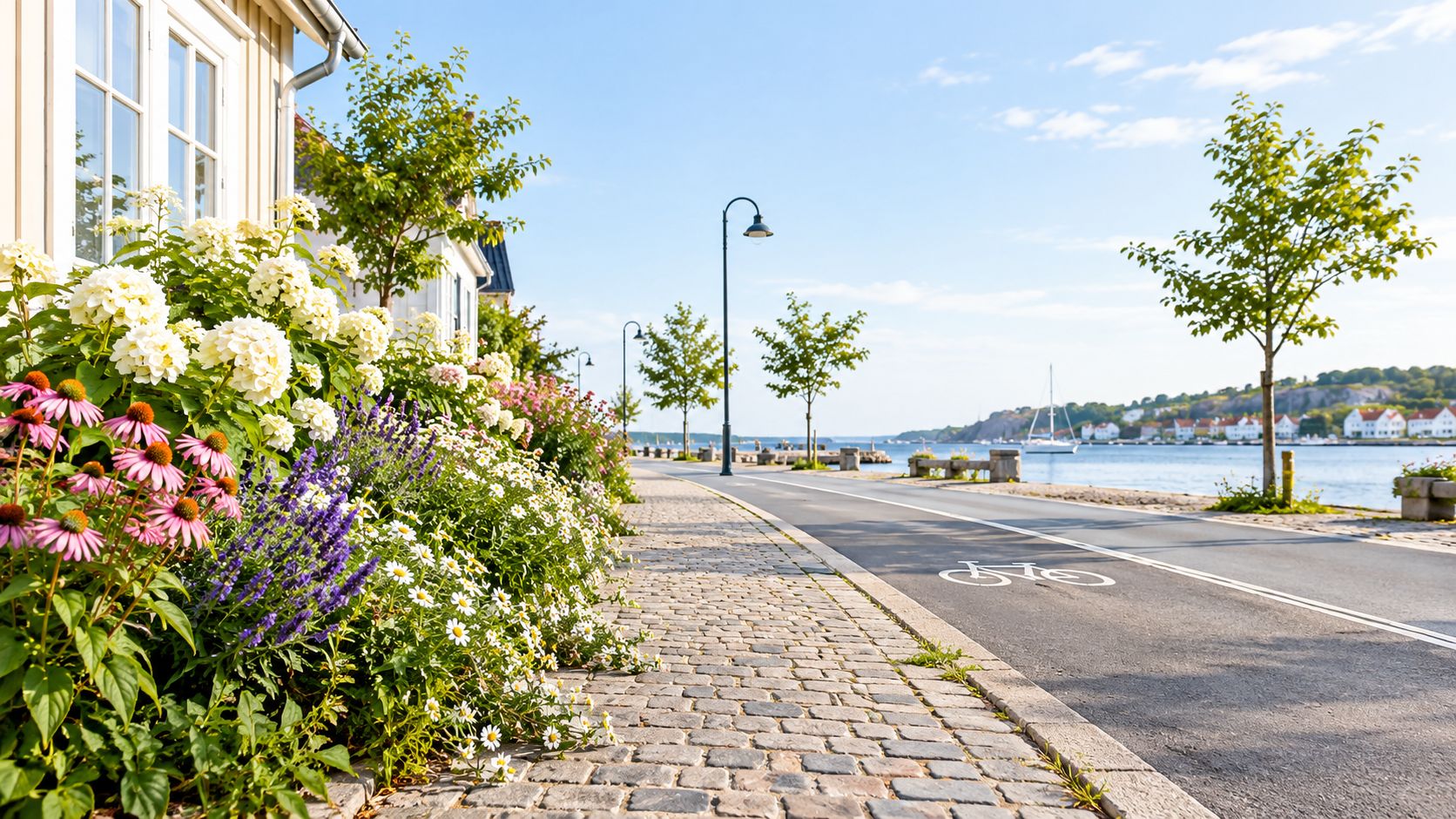 En smuk solskinsdag ved vandet med blomsterbede langs en asfalteret vej og en cykelsti i Sverige.