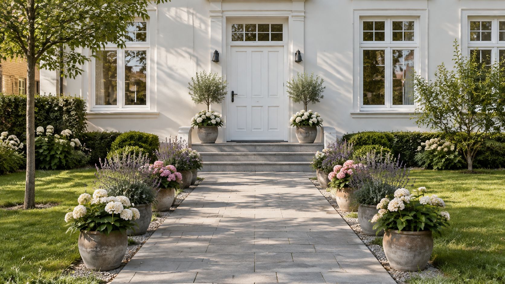 En smuk hvid hoveddør omgivet af elegante krukker med blomster langs en stenbelagt havegang foran huset.