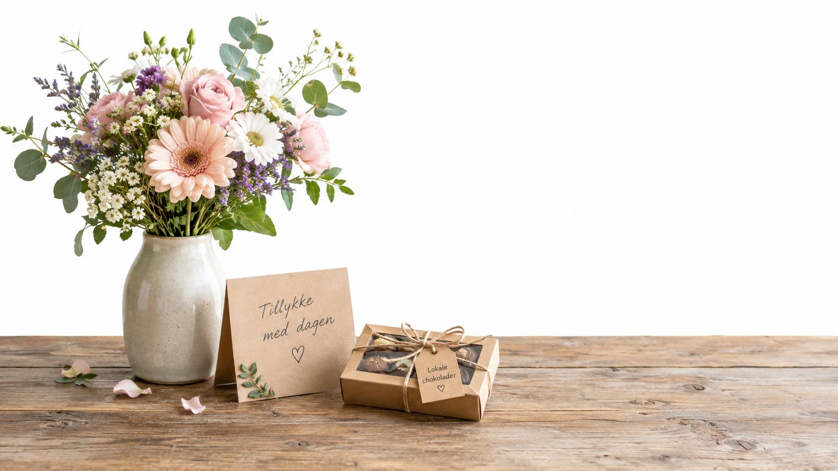En smuk buket blomster i en vase ved siden af et kort og en æske chokolade.