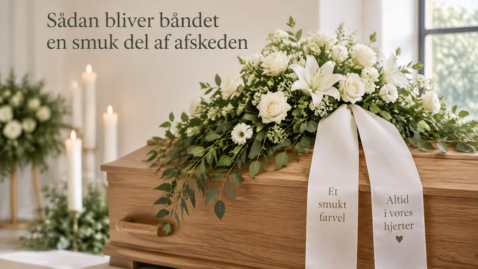 En smuk blomsterdekoration på en kiste med et hvidt bånd, der bærer en personlig hilsen til begravelse.
