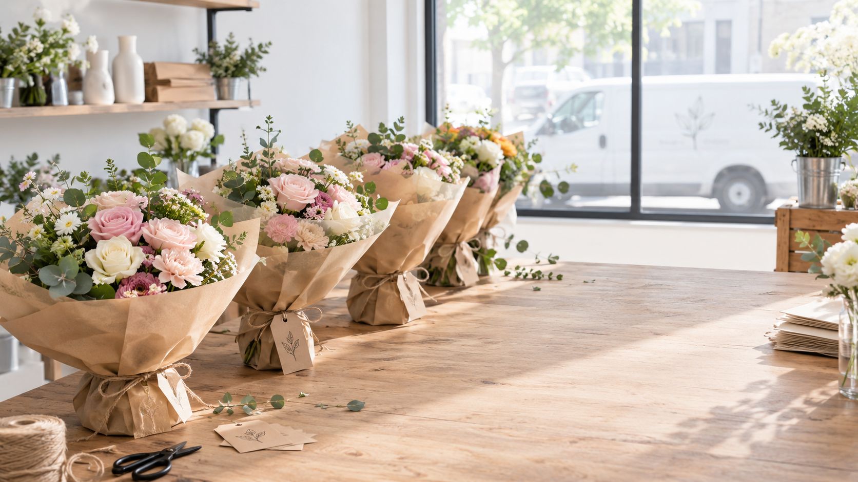 Smukke buketter af friske blomster indpakket i brunt papir klar til mors dag på et træbord.