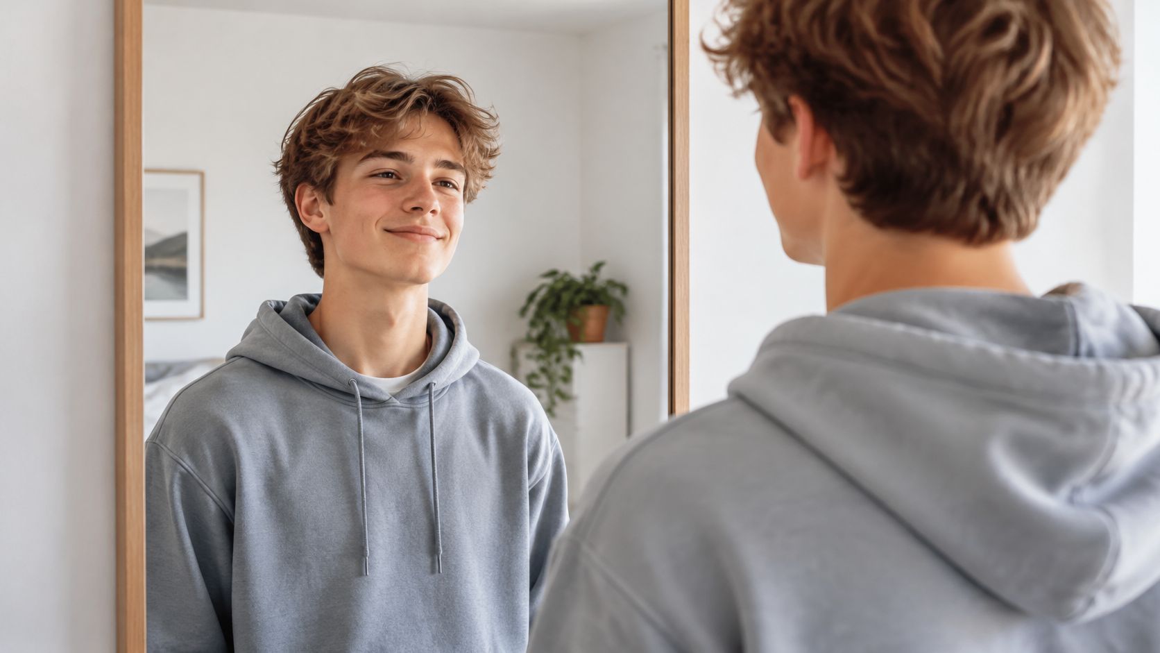 En ung mand ser sig i spejlet og smiler til sit eget reflekterede ansigt i et lyst værelse.