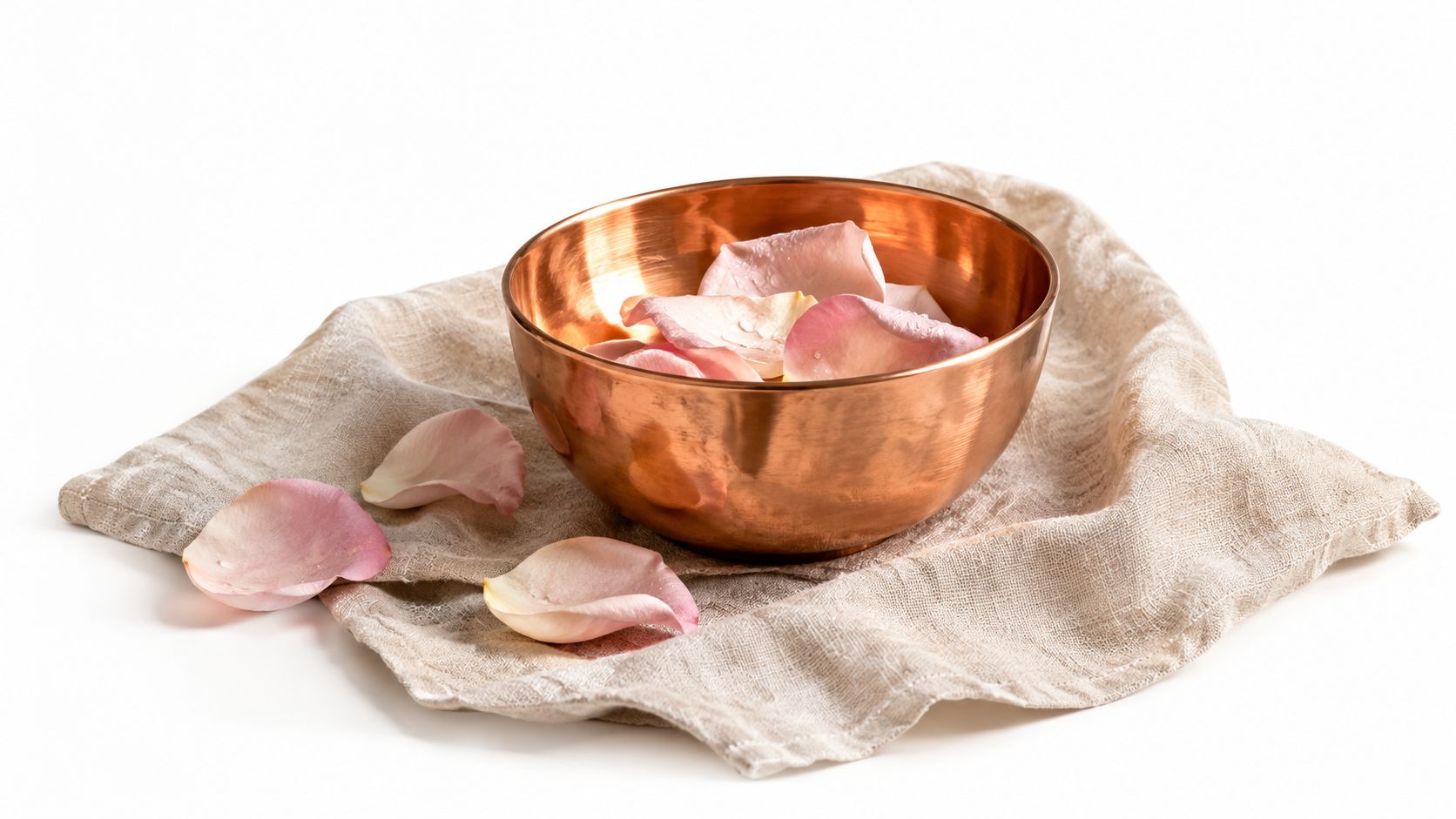 En smuk kobberskål fyldt med lyserøde rosenblade, der hviler på en elegant hørserviet på hvid baggrund.
