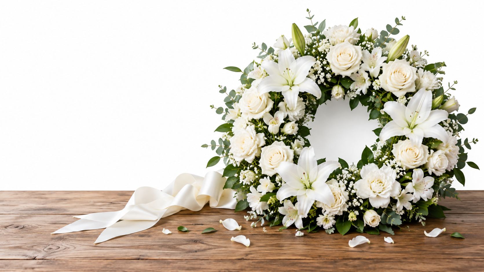 En smuk hvid blomsterkrans med bånd placeret på et rustikt træbord foran en hvid baggrund.