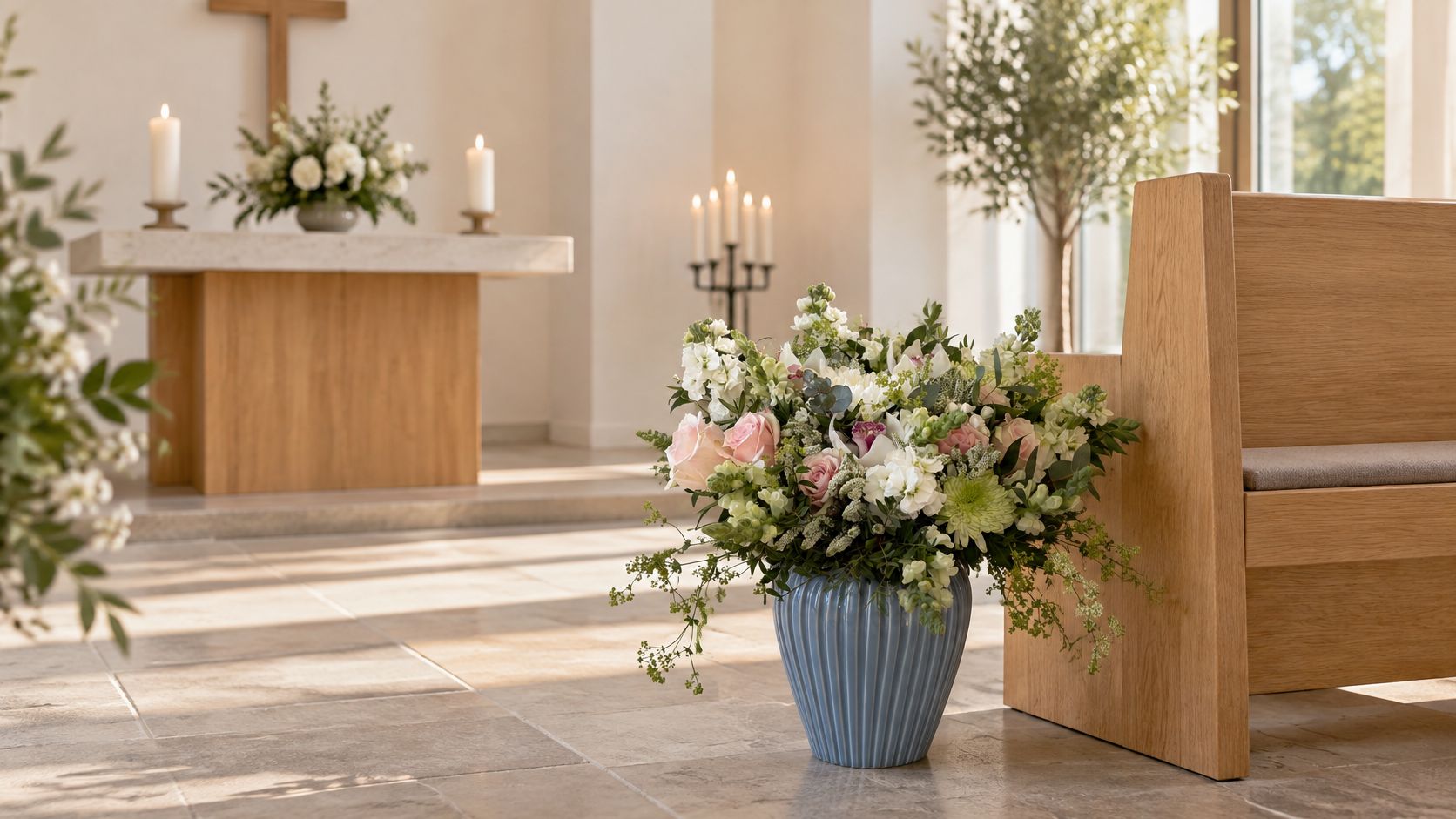 Smuk blomsterdekoration i en blå vase placeret ved en kirkebænk i et lyst og fredfyldt kirkerum.