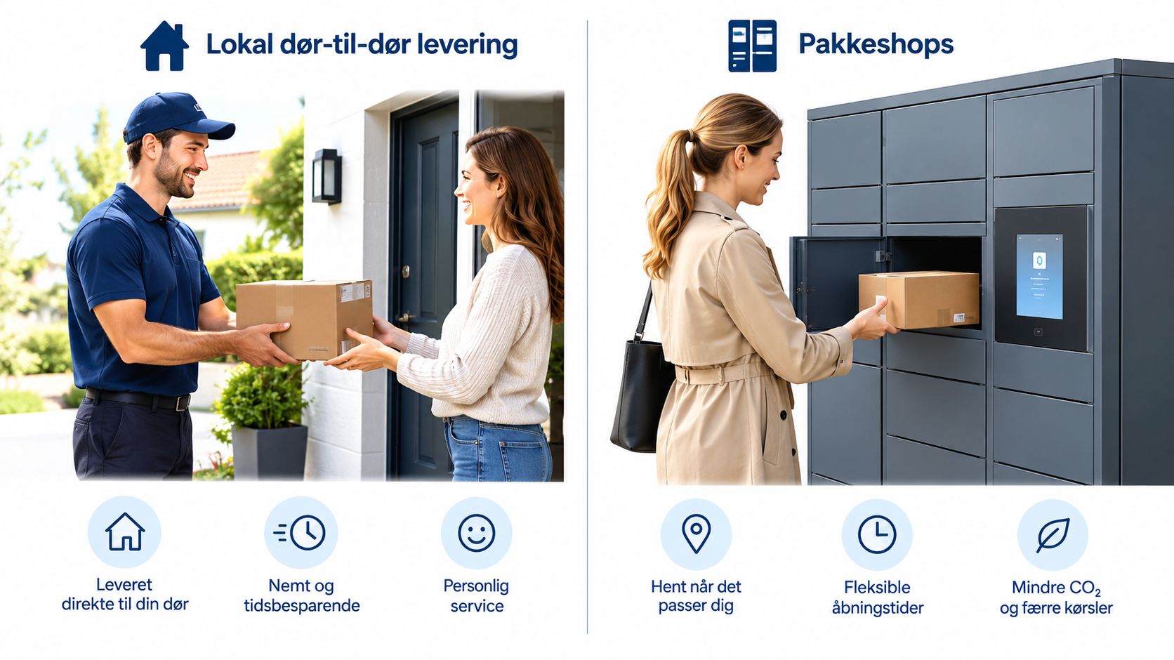 En sammenligning af lokal dør-til-dør levering og pakkeboks-løsninger til nem og fleksibel modtagelse af pakker.