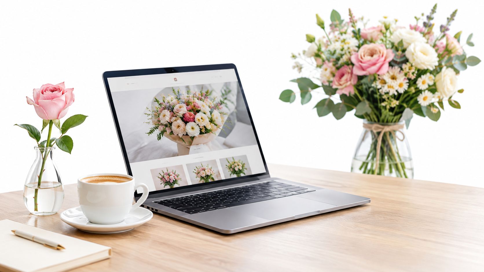 En bærbar computer viser et udvalg af flotte blomsterbuketter på en skrivebordsflade sammen med kaffe og blomster.