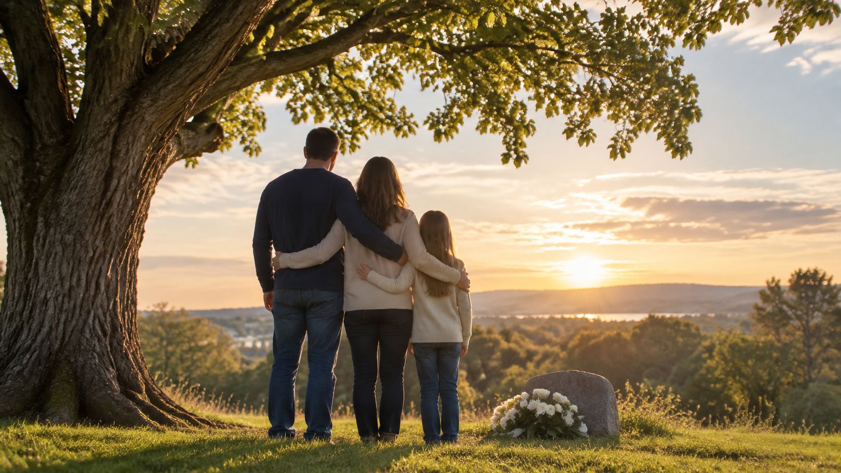 En familie på tre står ved en gravsten under et træ ved solnedgang for at mindes en elsket.