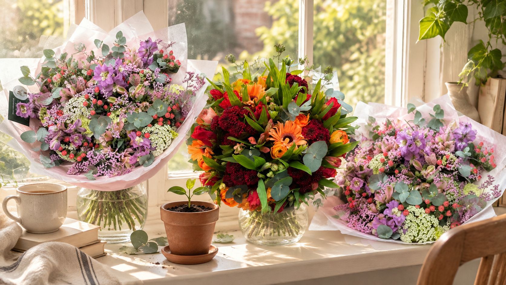 Tre smukke buketter blomster arrangeret i vaser på en solrig vindueskarm ved siden af en lille plante.