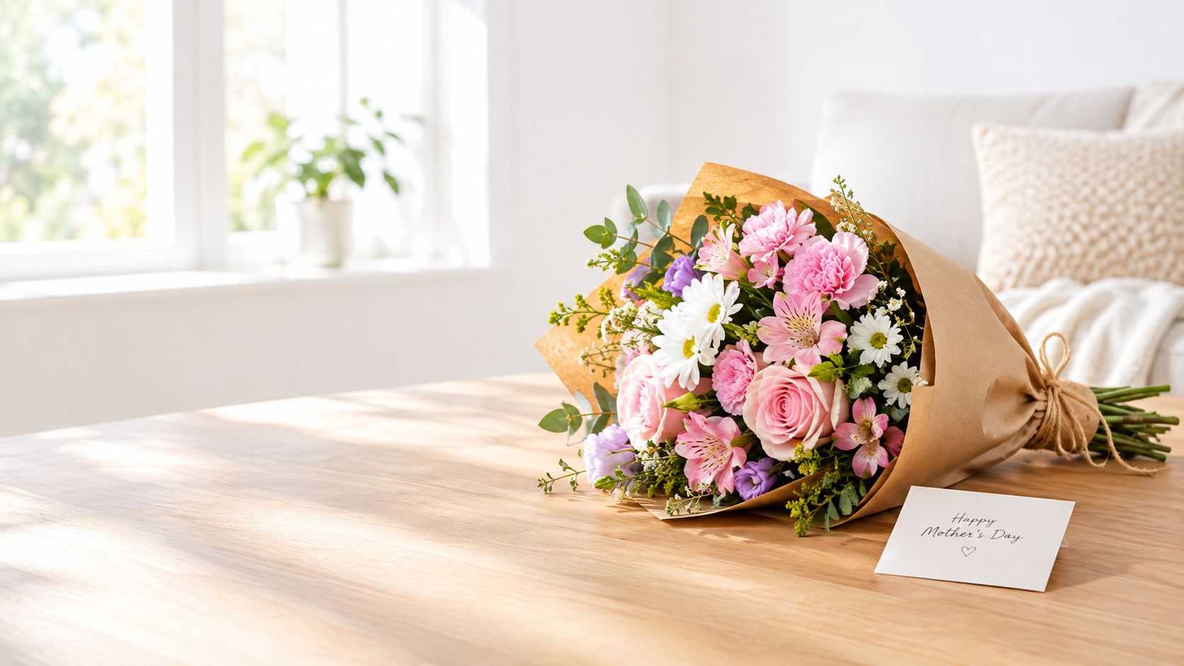 En smuk buket blomster til mors dag ligger på et træbord ved siden af et lille kort.