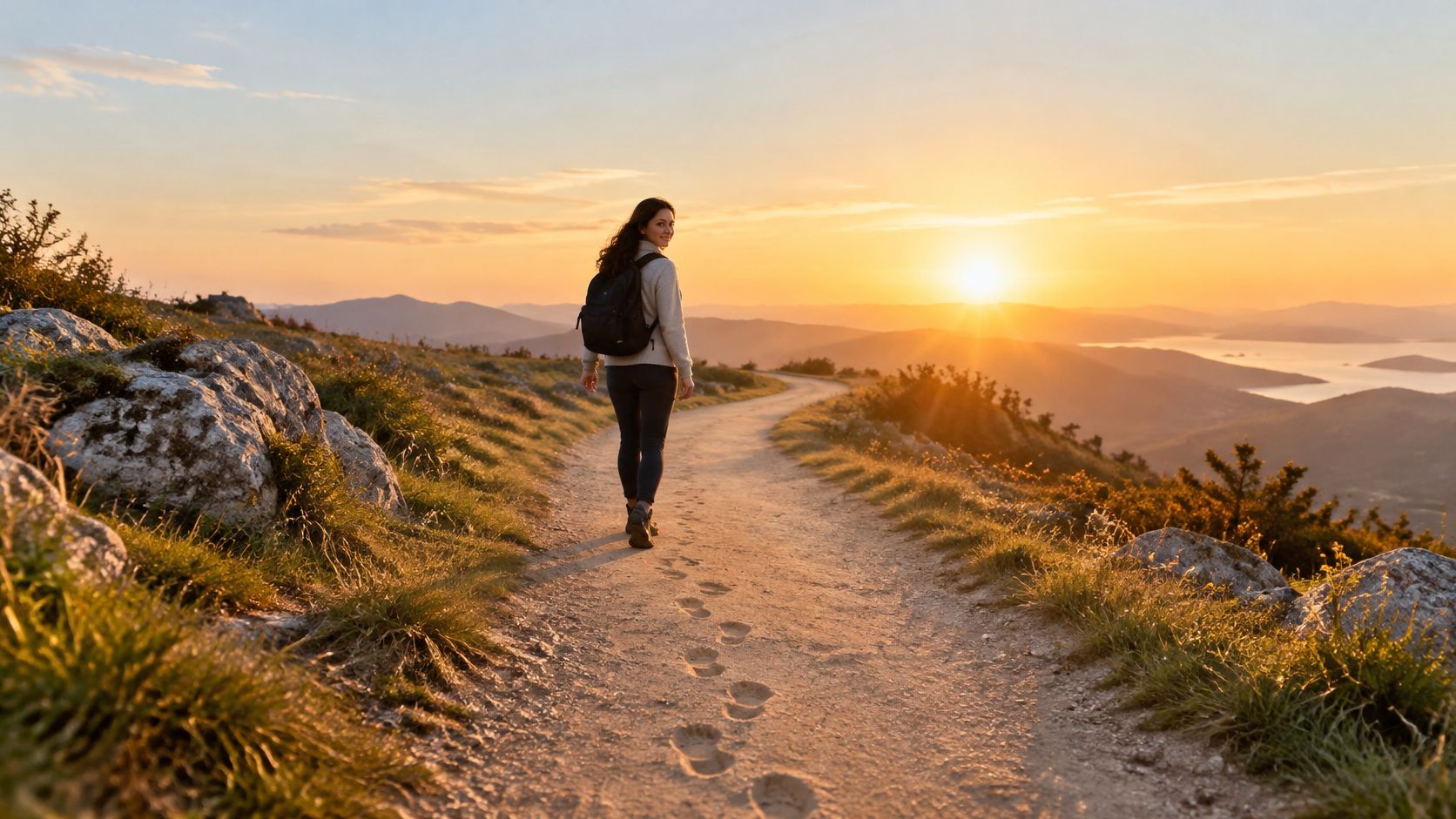 En ung kvinde vandrer ad en solbeskinnet bjergsti mod en gylden solnedgang med bjerge i baggrunden.