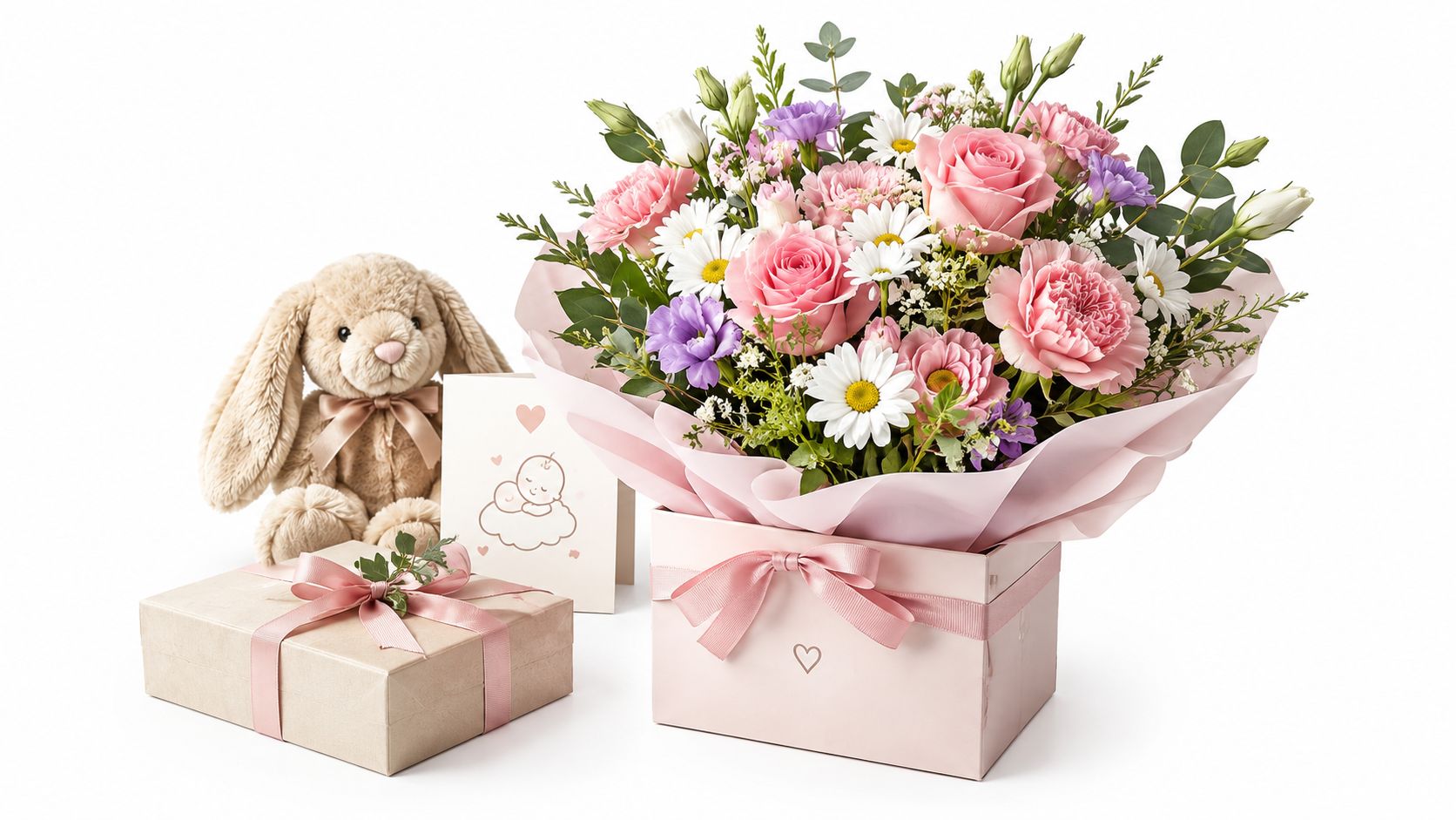 En smuk gave til nybagte mødre med en bamse, blomsterbuket, gaveæske og et lykønskningskort på hvid baggrund.