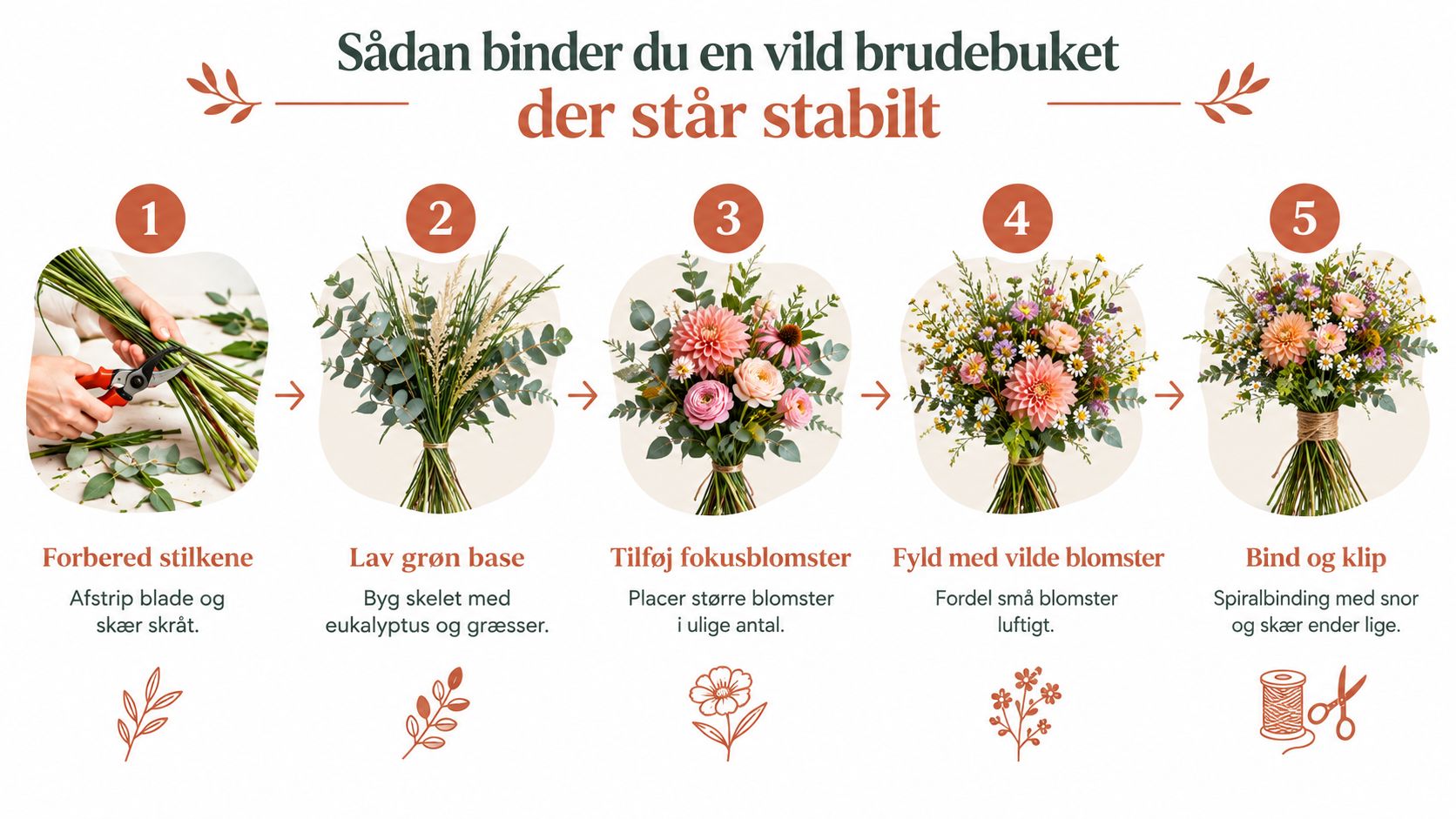 En infografik i fem trin der viser hvordan man binder en vild brudebuket med grøn base og blomster.