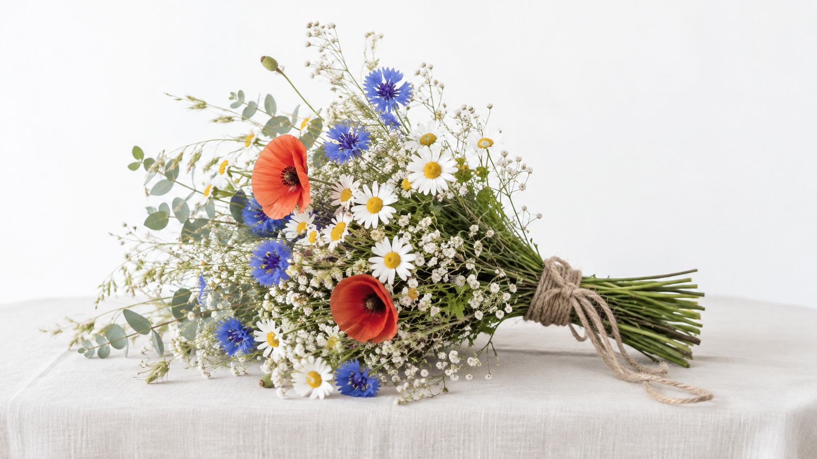 En smuk og rustik brudebuket med vilde blomster, herunder valmuer, kornblomster og margueritter, bundet med en jutesnor.
