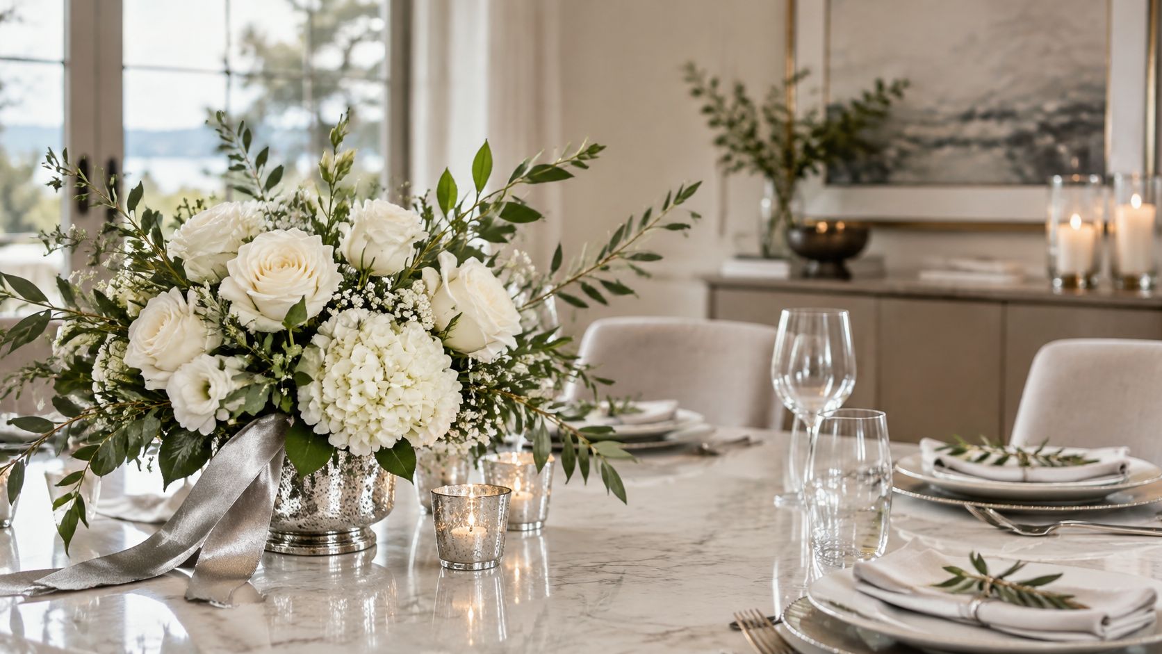 En elegant borddækning med en stor hvid blomsterbuket, sølvlysestager og stilfuldt porcelæn til en festlig begivenhed.