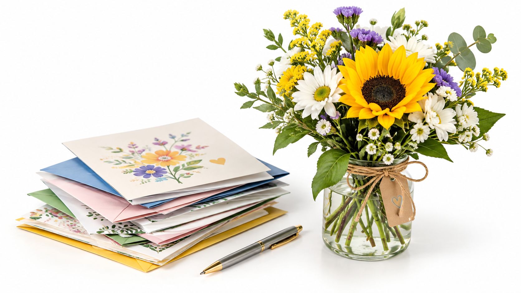 En buket blomster i en glaskrukke ved siden af en stak lykønskningskort og en kuglepen på bordet.