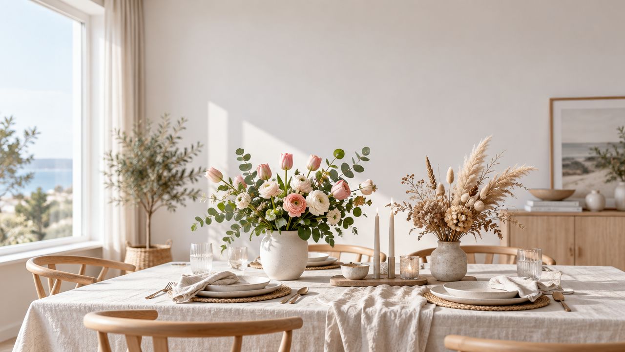 Et smukt dækket spisebord med friske lyserøde blomster, tørrede planter og elegant stentøj i et lyst rum.