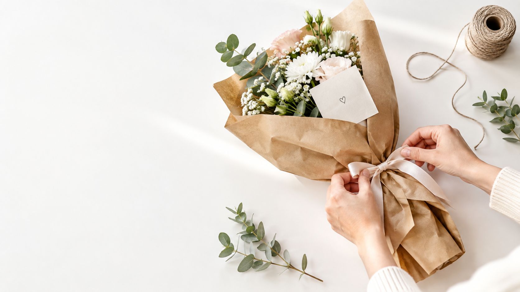 Hænder pakker en smuk buket blomster ind i brunt papir med et lille kort med et hjerte.