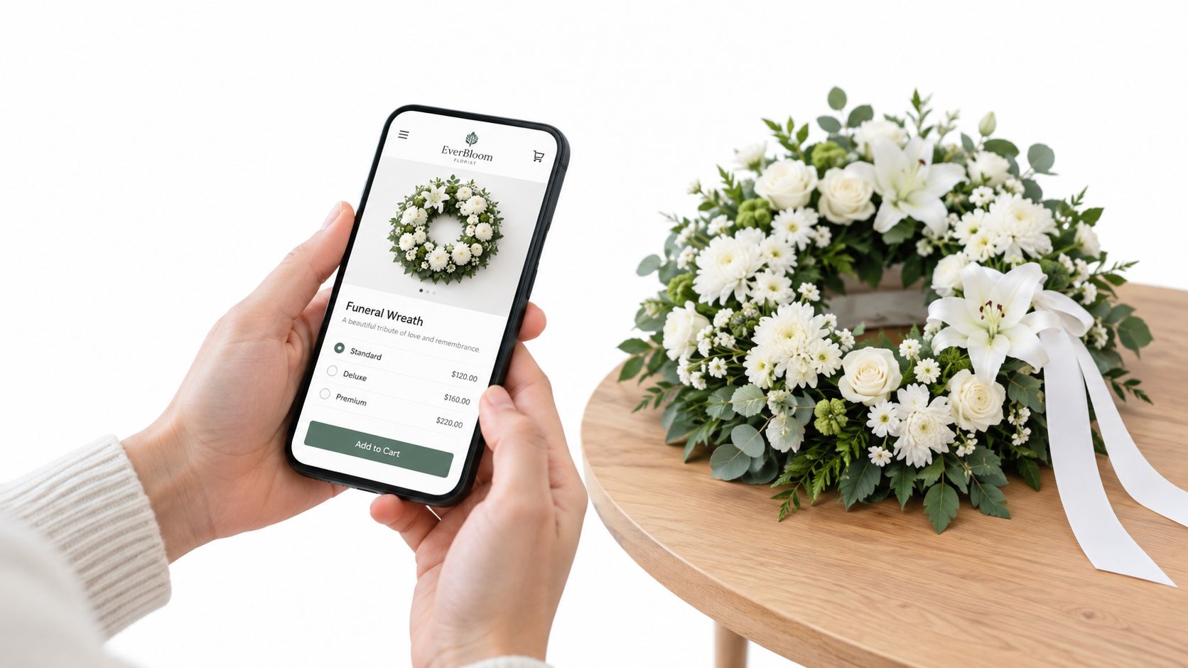 En person holder en smartphone, der viser en hjemmeside med blomster, ved siden af en smuk begravelseskrans.