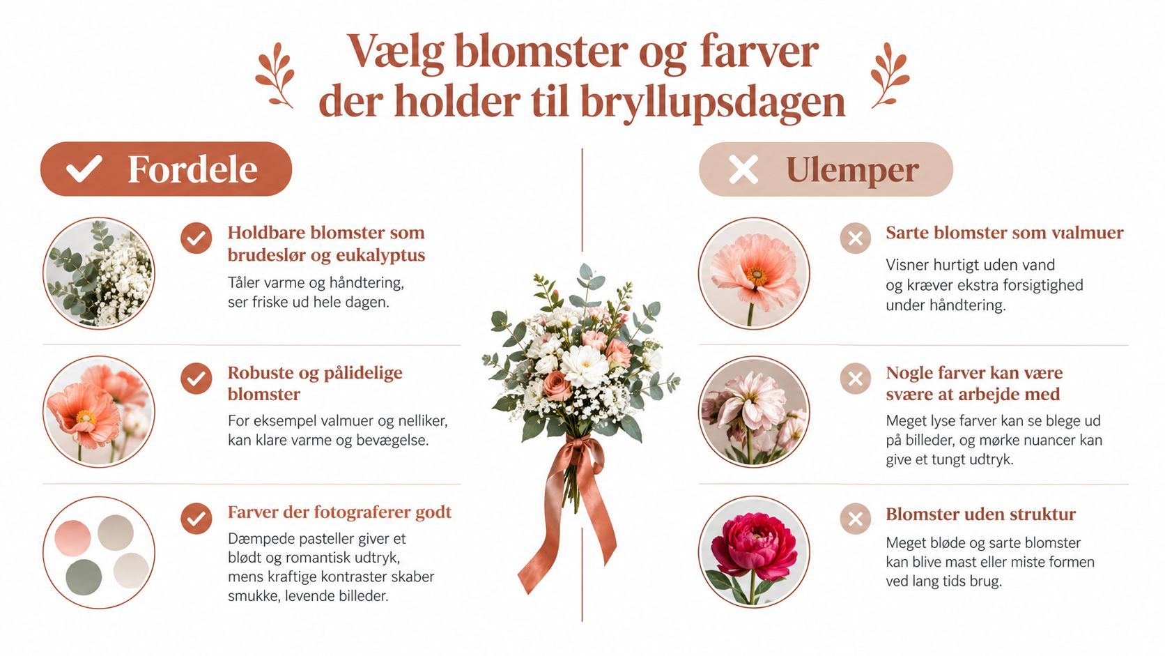 En infografik om valg af holdbare blomster og farver til en smuk og praktisk brudebuket.