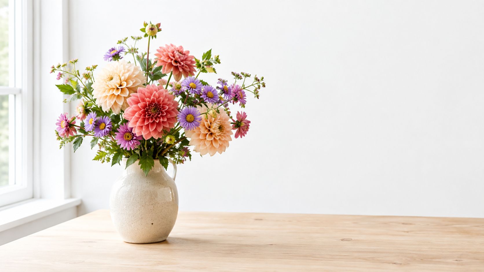 En smuk buket af farverige dahliaer og efterårsblomster i en hvid vase på et træbord