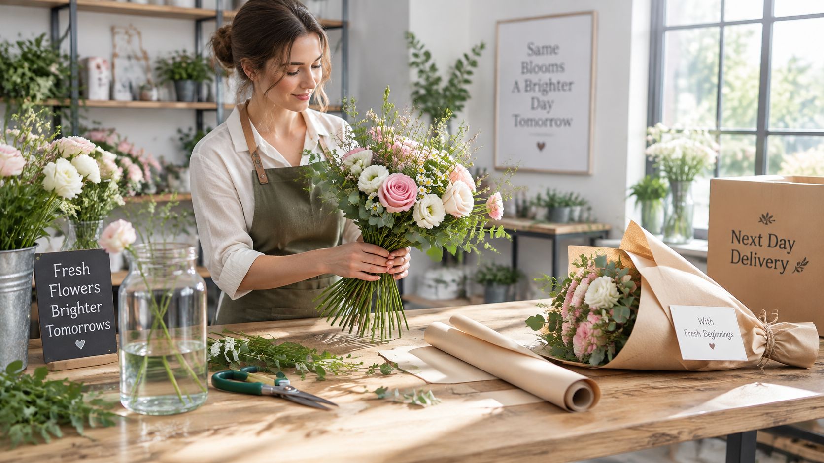 En kvindelig blomsterhandler binder en smuk buket blomster i sit hyggelige og lyse værksted.