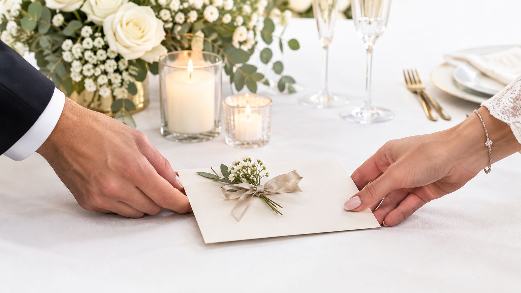 Et brudepar, der holder et smukt dekoreret bryllupskort med en lille blomsterbuket på et fint dækket bord.