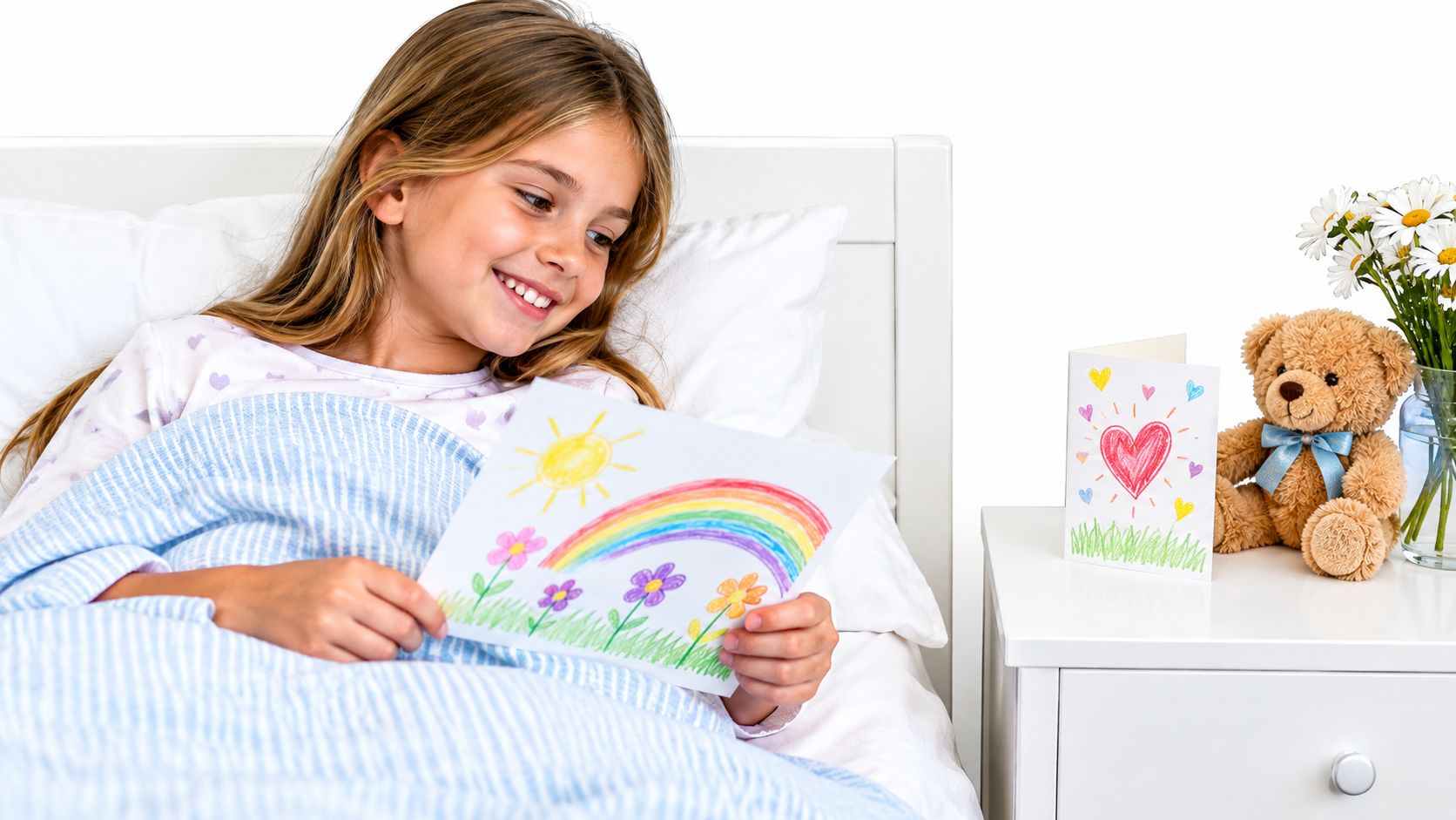 En smilende pige i sengen holder en farverig tegning med en regnbue, mens en bamse står ved siden af.