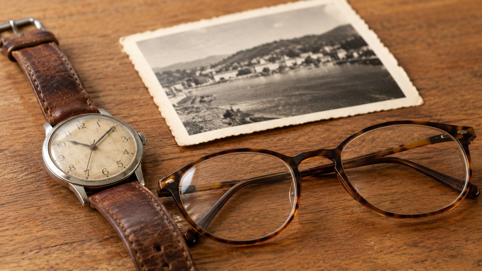 Et gammelt armbåndsur, et sort-hvidt fotografi af en by og et par briller på et træbord.