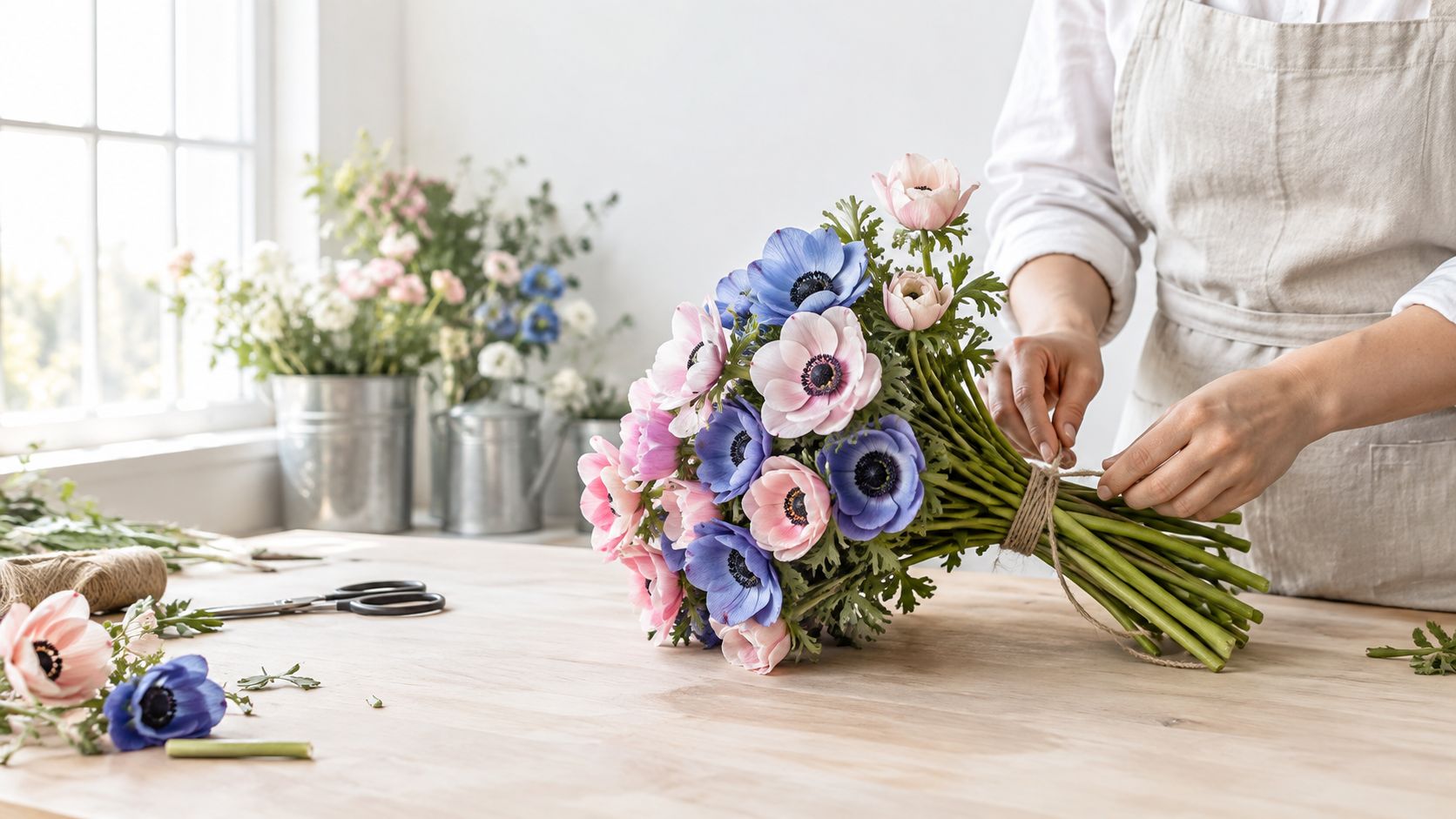 En florist binder en smuk buket af friske blå og lyserøde franske anemoner ved et træbord.
