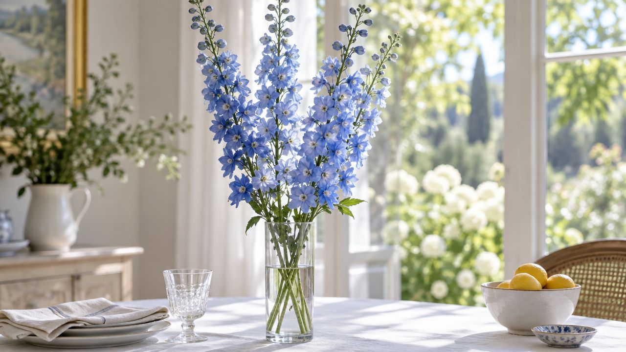 En smuk vase med blå delphinium-blomster placeret midt på et veldækket spisebord ved et solrigt vindue.