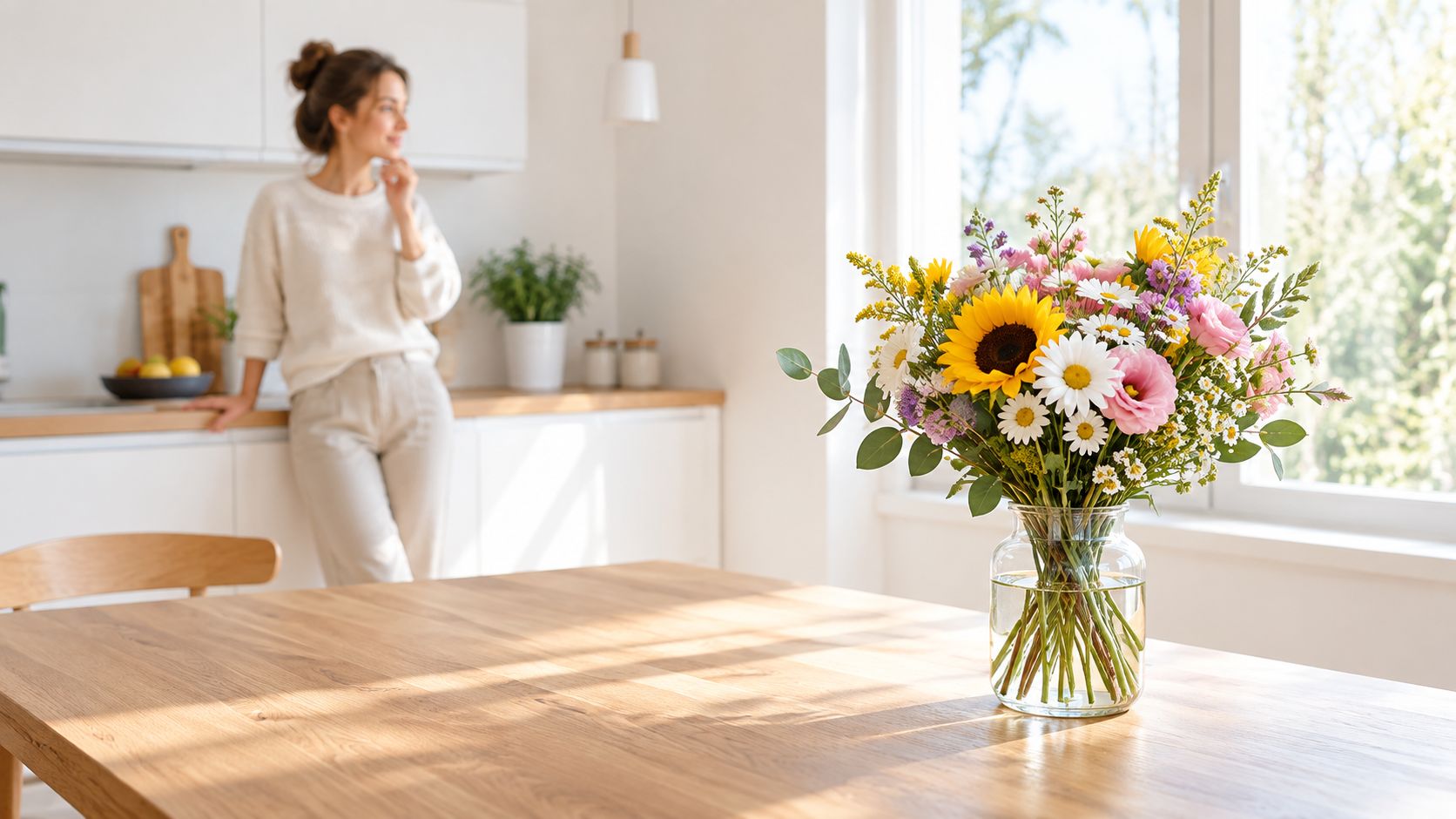 En kvinde står i et lyst, moderne køkken ved siden af en smuk buket blomster på bordet.